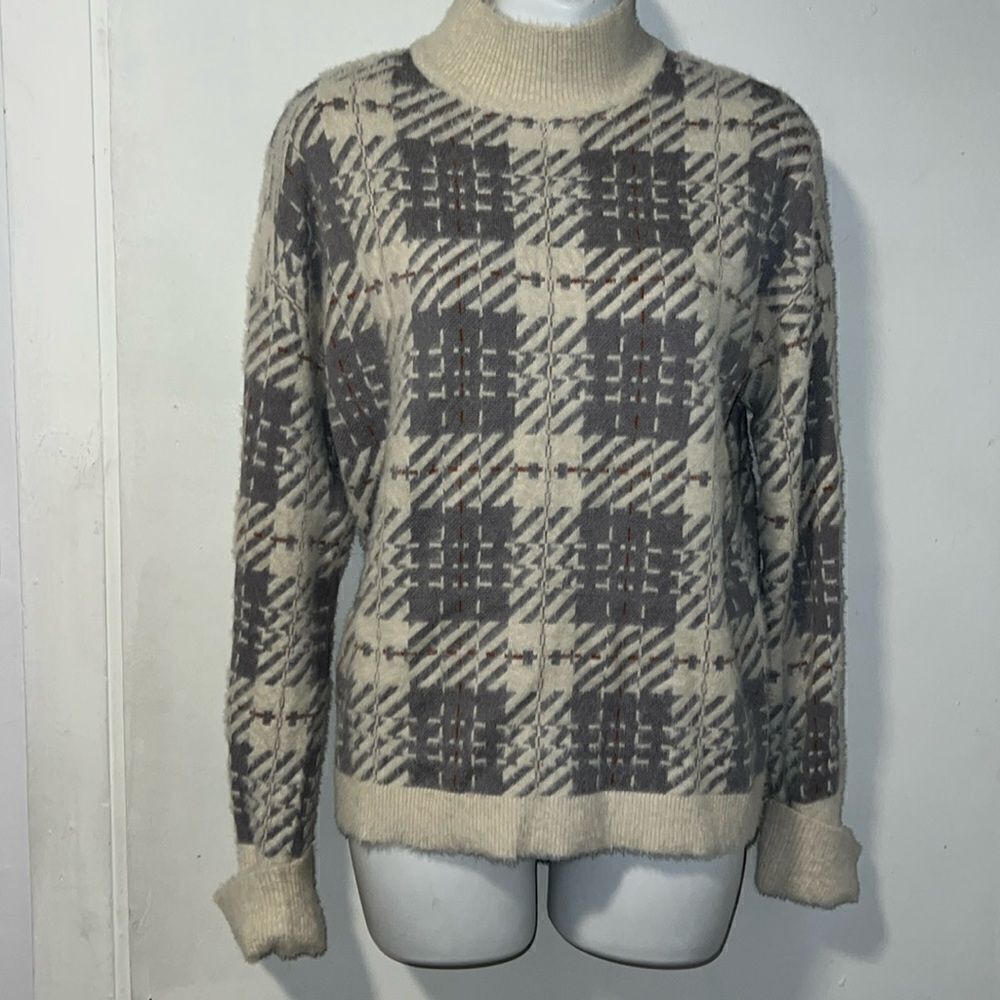 Belldini Cream and Brown Plaid Mock Neck Sweater
